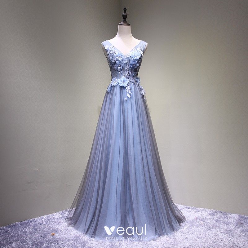 blue and grey prom dresses