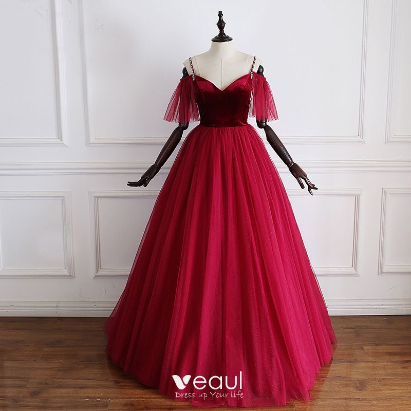 Modest / Simple Burgundy Suede Prom Dresses 2019 A-Line / Princess ...