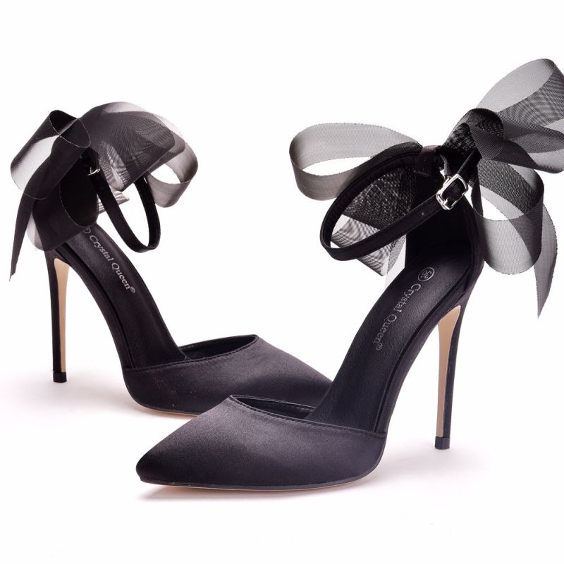 Chic Beautiful Black Satin Prom Womens Sandals 2020 Bow Ankle Strap