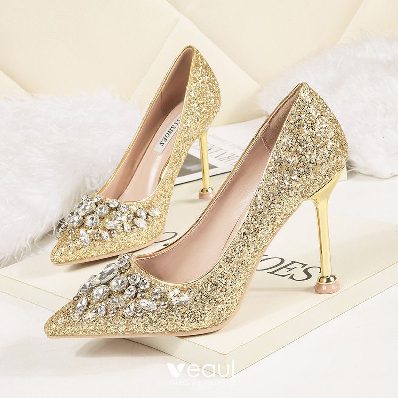 Sparkly Gold Wedding Shoes 2019 Ankle Strap Rhinestone Sequins 9