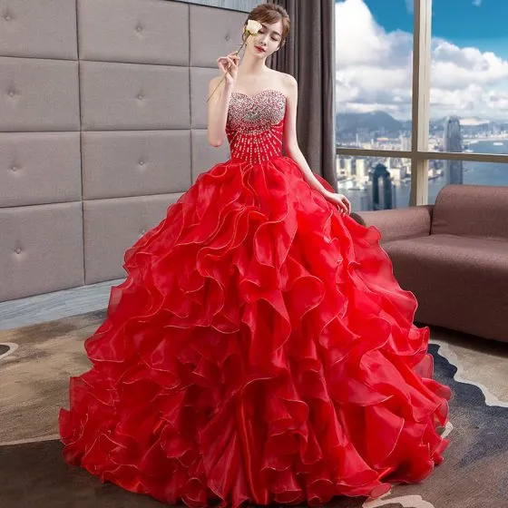 Luxury / Gorgeous Red Wedding Dresses, Ball Gown Beading Crystal  Sequins Sweetheart Sleeveless Backless Royal Train