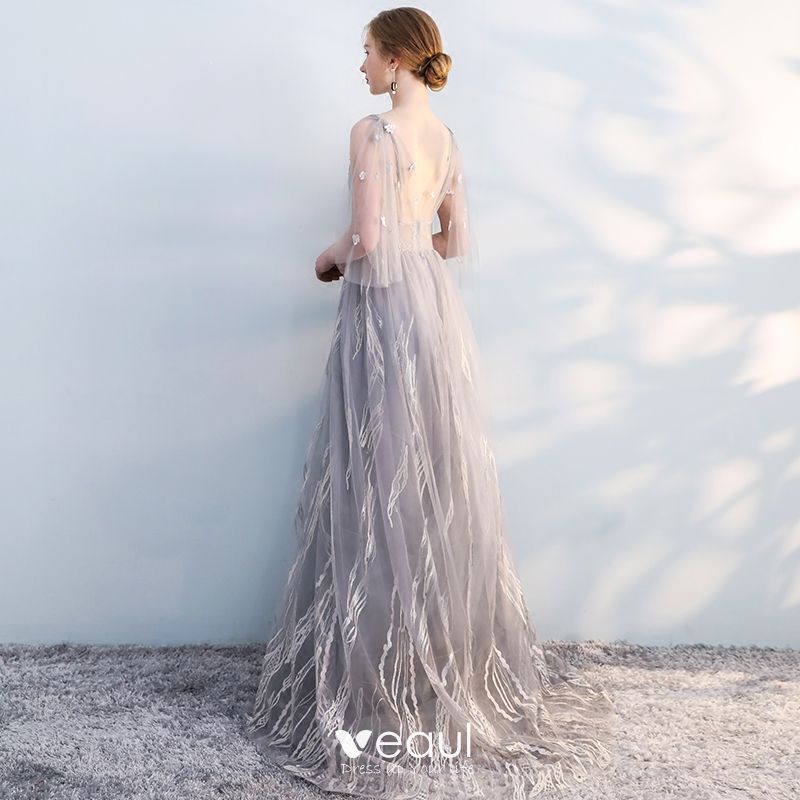 Chic / Beautiful Grey Evening Dresses 2019 A-Line / Princess V-Neck Bow ...