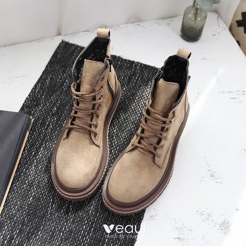 Fashion Winter Beige Street Wear Suede Flat Womens Boots 2021 Ankle ...