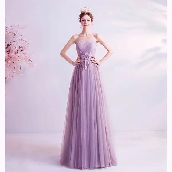 Charming Lilac Evening Dresses 2020 A-Line / Princess Strapless Beading ...