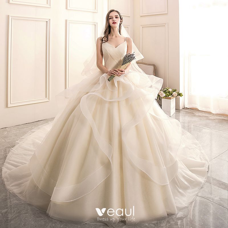 Fashion Champagne Cascading Ruffles Wedding Dresses 2020 Ball Gown V ...