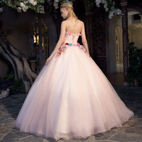 Flower Fairy Pearl Pink Prom Dresses 2019 A-Line / Princess Strapless ...