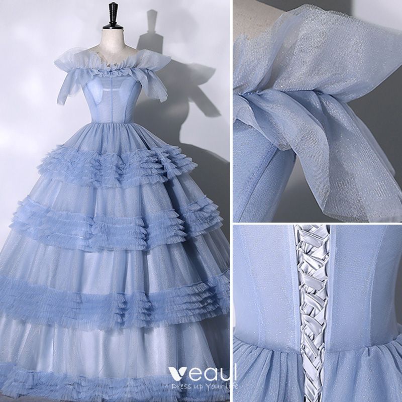 Chic Beautiful Sky Blue Cascading Ruffles Prom Dresses 2023 Ball Gown