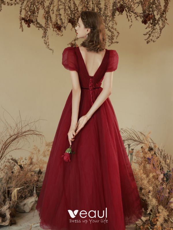 Modest Simple Burgundy Beading Formal Dresses 2022 A Line Princess Square Neckline Puffy 3926