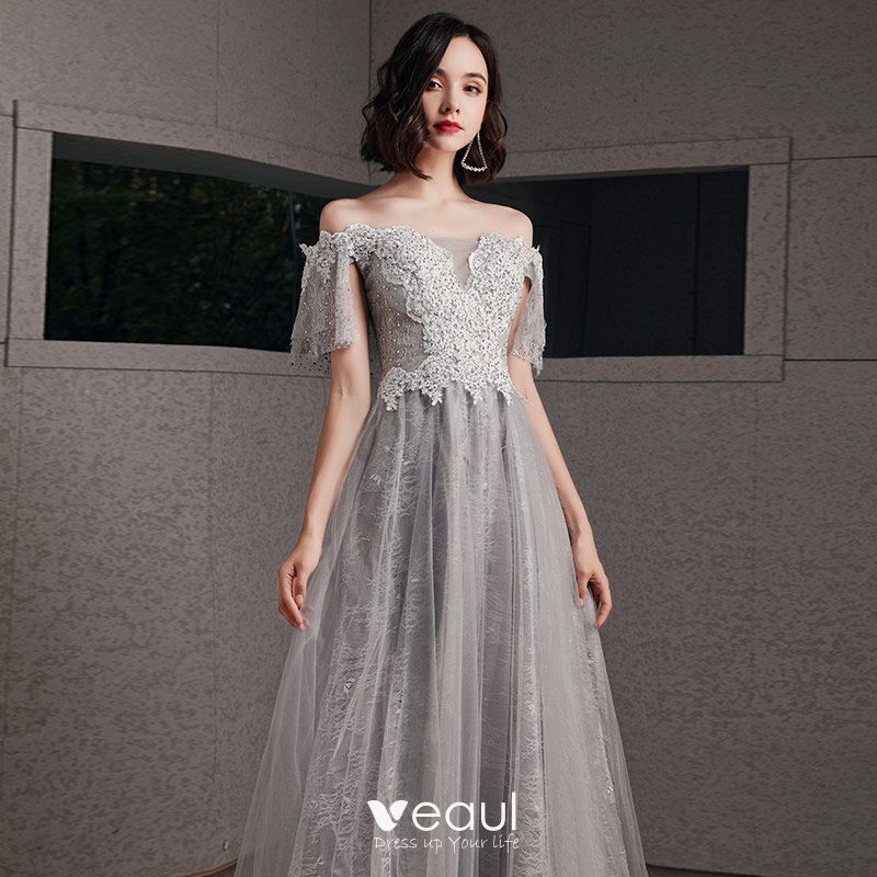 Best Grey Evening Dresses 2020 A-Line / Princess Off-The-Shoulder Short ...