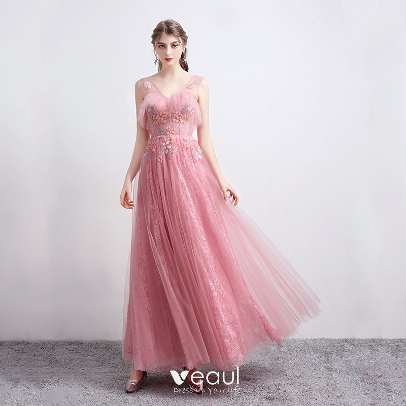 Fashion Candy Pink Prom Dresses 2021 A-Line / Princess See-through V ...