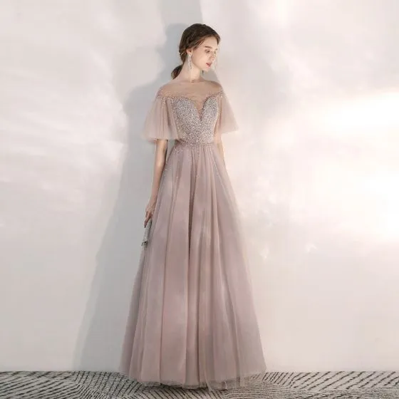 Elegant Pearl Pink See-through Evening Dresses 2020 A-Line / Princess ...