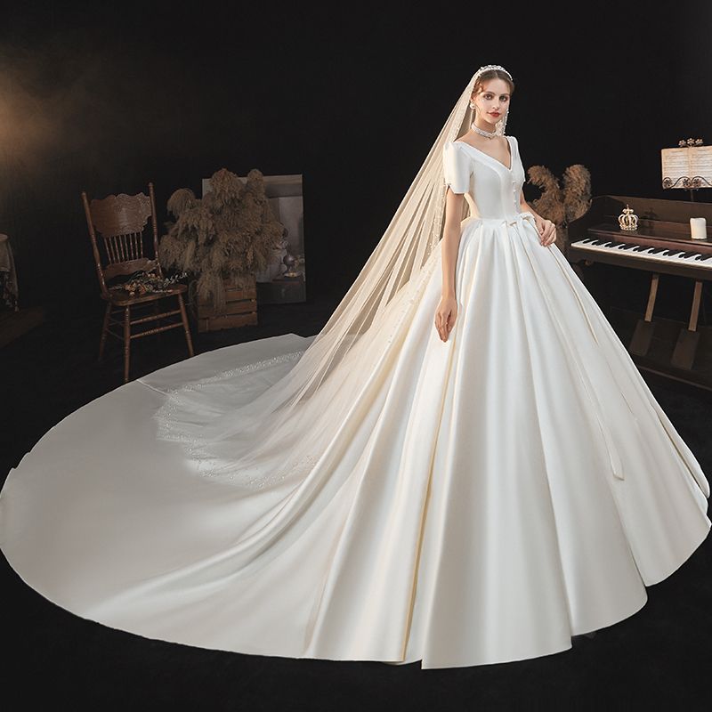 Vintage / Retro Ivory Satin Bridal Wedding Dresses 2020 Ball Gown V ...