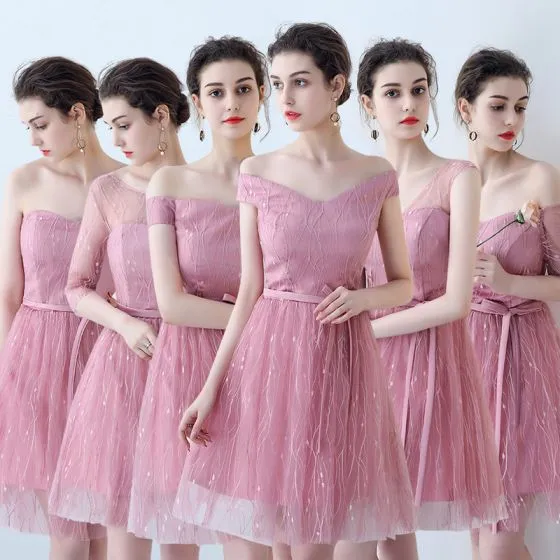 Affordable Chic Beautiful Candy Pink Bridesmaid Dresses 2018 A Affordable Chic Beautiful Candy Pink Bridesmaid Dresses 2018 A Line Princess Liques Lace Sash Short Ruffle