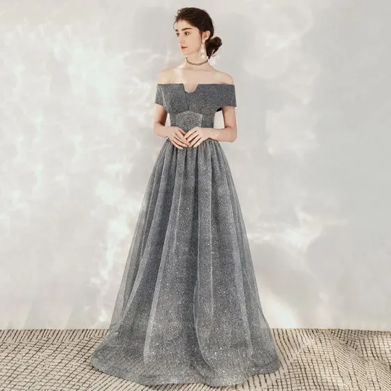 Starry Sky Grey Dancing Prom Dresses 2020 A-Line / Princess Off-The ...