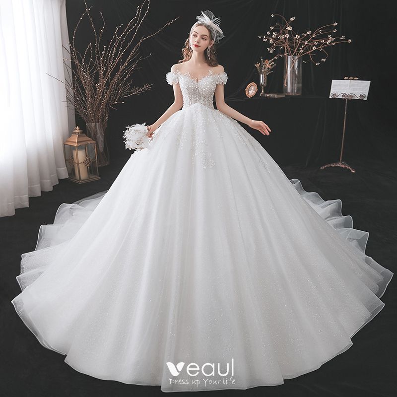 Fashion Ivory Wedding Dresses 2021 Ball Gown Scoop Neck Beading ...