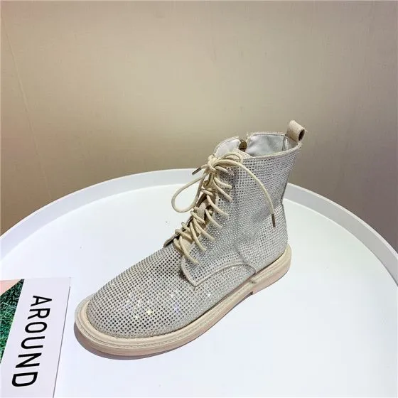 Sparkly Beige Street Wear Rhinestone Flat Womens Boots 2021 Ankle Round Toe  Boots