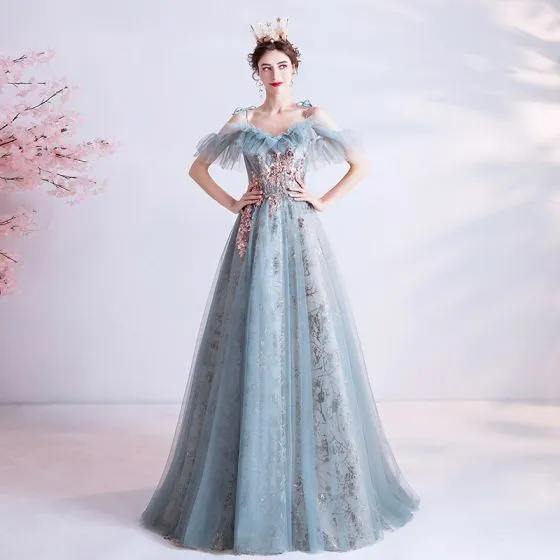 Chic / Beautiful Sky Blue Evening Dresses 2020 A-Line / Princess Off ...