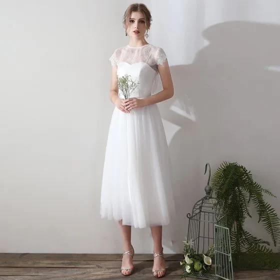 Classic Elegant White Tea-length Evening Dresses 2018 A-Line / Princess ...