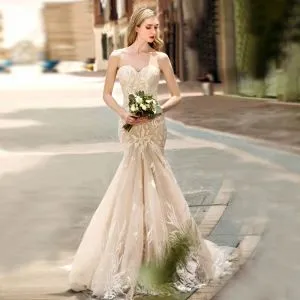 Charming Champagne Wedding Dresses 2019 Trumpet / Mermaid Sweetheart Lace Flower Sleeveless Backless Court Train