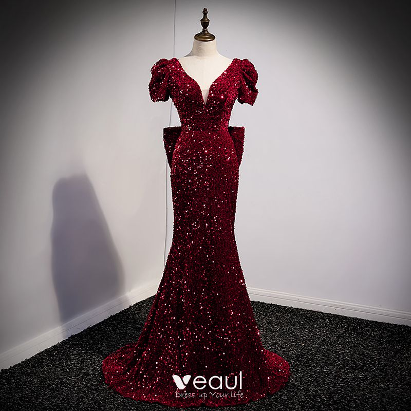 Sparkly Burgundy Sequins Evening Dresses 2021 Trumpet / Mermaid V-Neck ...