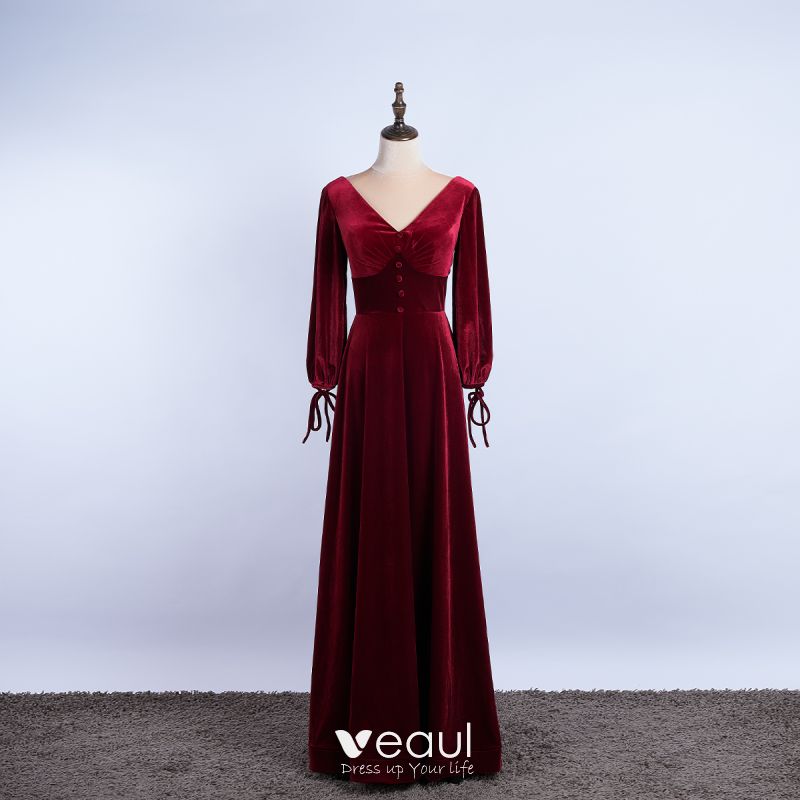 Elegant Burgundy Prom Dresses 2020 A-Line / Princess Suede V-Neck Long ...