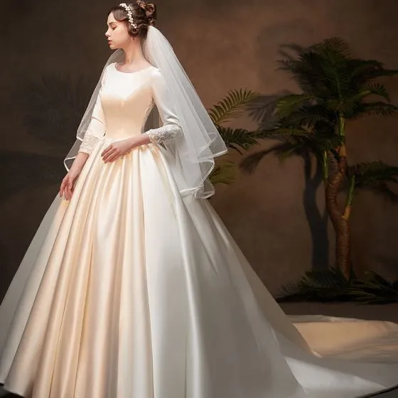 Vintage / Retro Ivory Satin Winter Wedding Dresses 2019