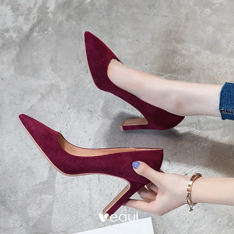 stem Reciteren Majestueus Chic / Beautiful Burgundy Office OL Suede Pumps 2021 Leather 7 cm Thick  Heels Pointed Toe High Heels Pumps