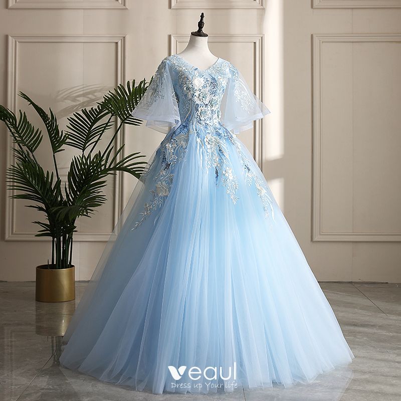 Classy Sky Blue Prom Dresses 2019 A-Line / Princess V-Neck Pearl ...