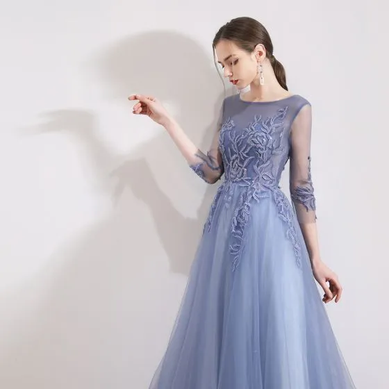 Chic / Beautiful Sky Blue Evening Dresses 2019 A-Line / Princess Scoop ...