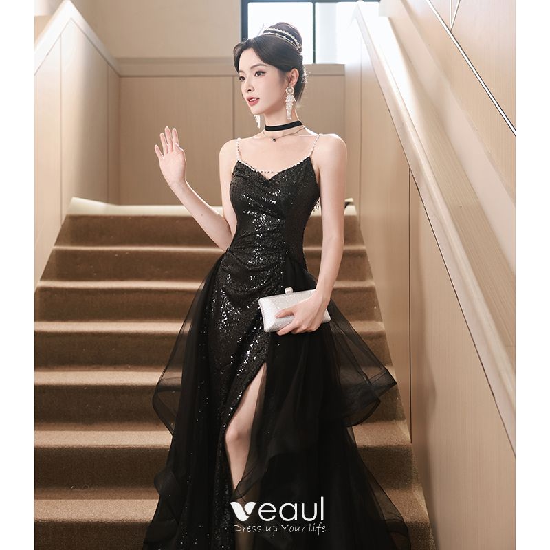 Sexy Black Cascading Ruffles Sequins Evening Dresses 2023 A-Line ...