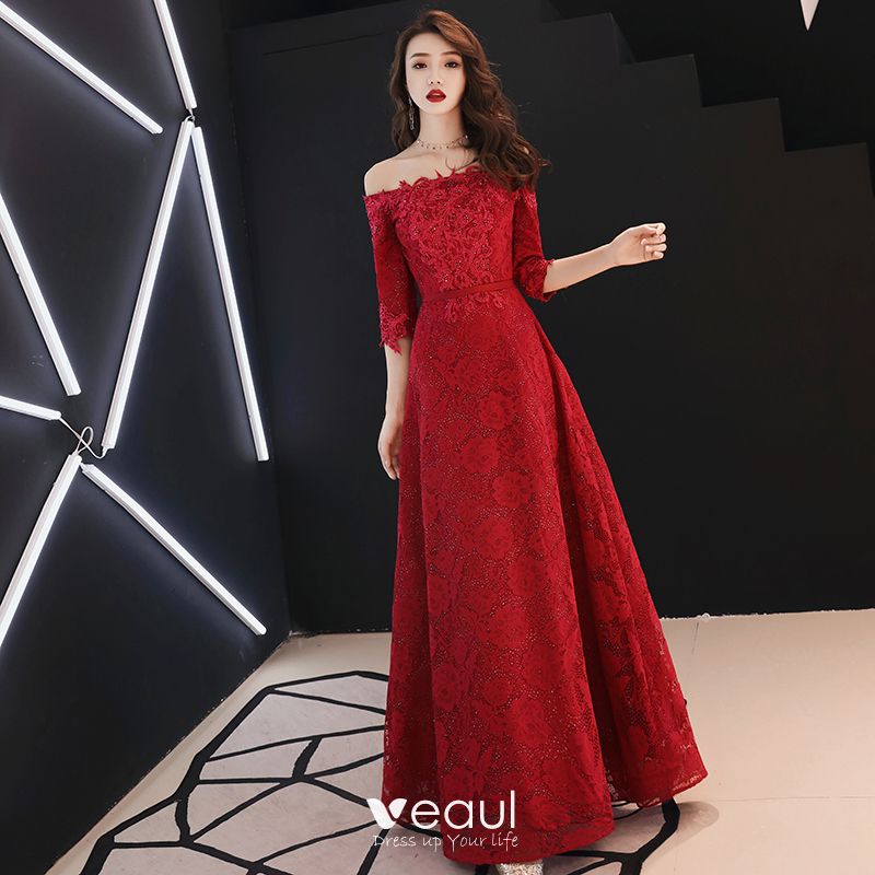 Affordable Burgundy Lace Evening Dresses 2019 A-Line / Princess Off-The ...