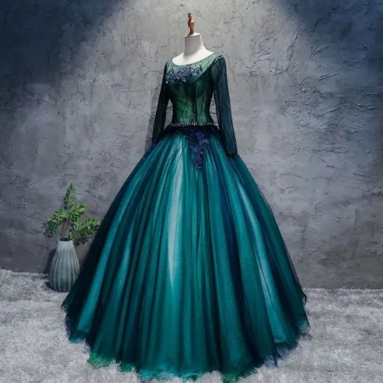 dark green ball gown with sleeves