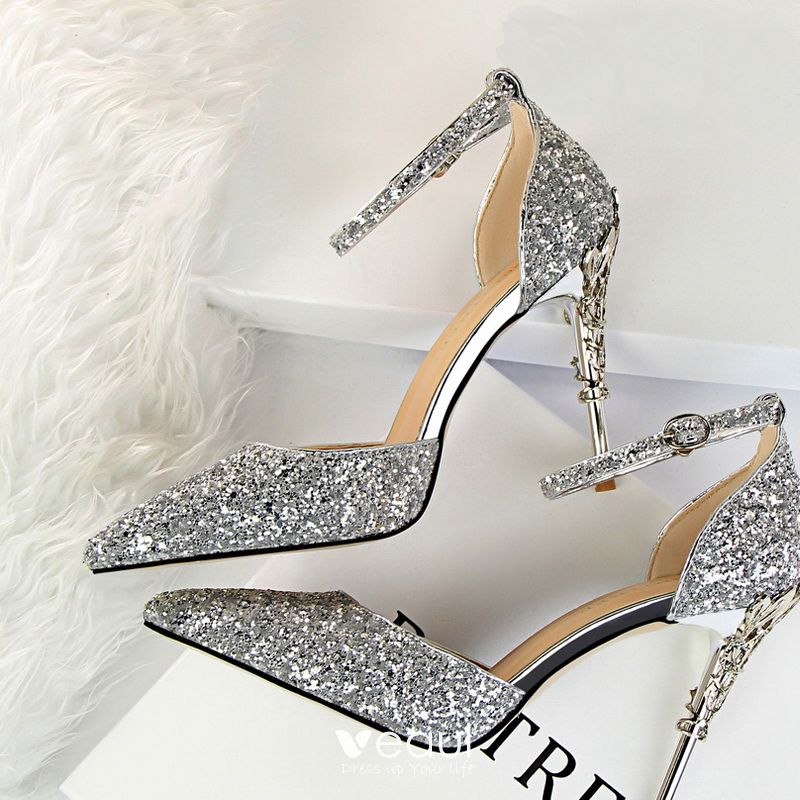 Sparkly Silver High Heels 2018 Cocktail Party Evening Party Prom 9 Cm Heels Pointed Toe Ankle