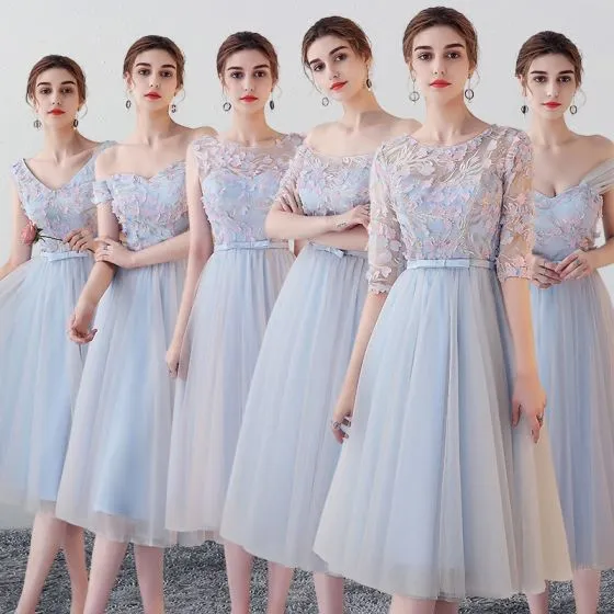 blue tea length bridesmaid dresses