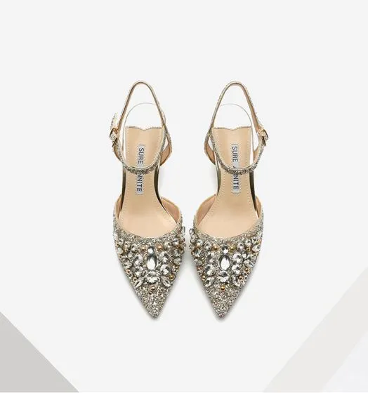 silver rhinestone low heel shoes