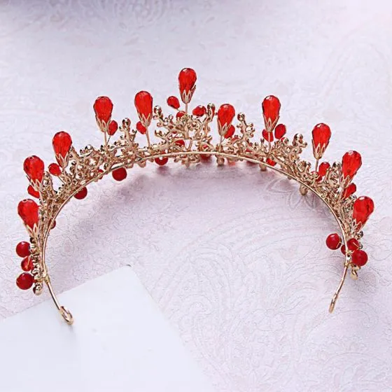 Chic / Beautiful Red Crystal Pearl Rhinestone Tiara 2018 Metal Wedding ...