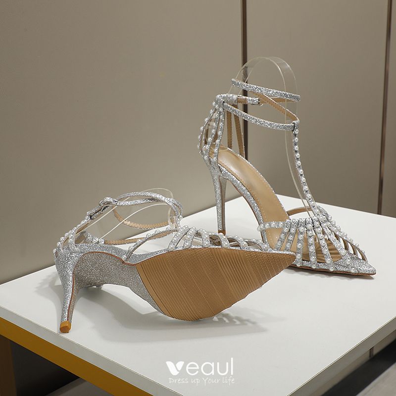 2022 new women's pointed toe shoes high heels rhinestone toe wedding shoes