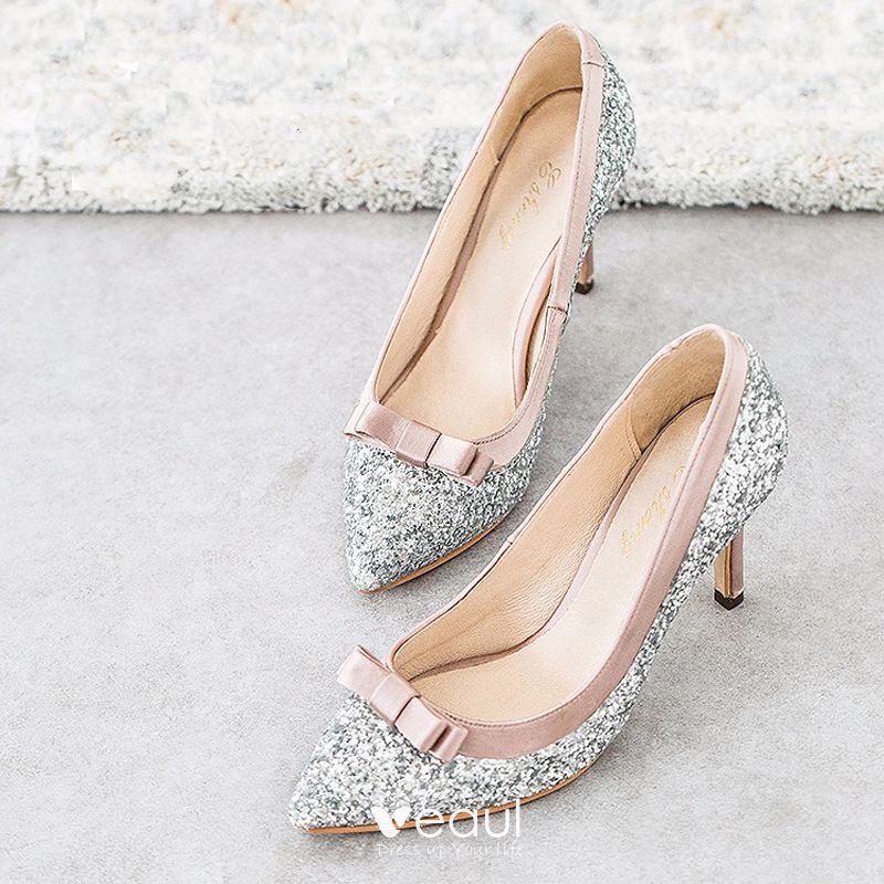 Sparkly Silver Glitter Wedding Shoes 2020 Leather Rhinestone Sequins Bow 8  cm Stiletto Heels Pointed Toe Wedding Pumps