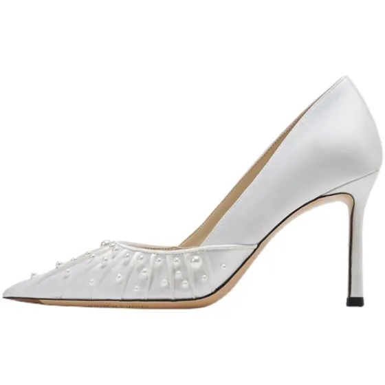 Elegant White Pearl Wedding Shoes 2022 Leather 8 cm Stiletto Heels ...