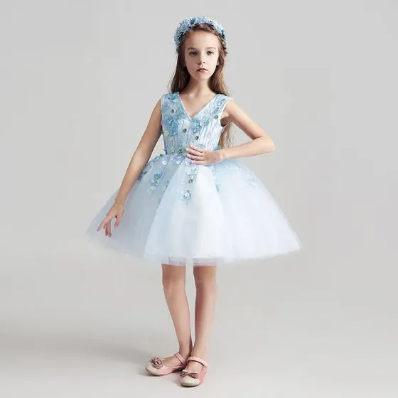 Chic / Beautiful Sky Blue Flower Girl Dresses 2017 Ball Gown V-Neck ...