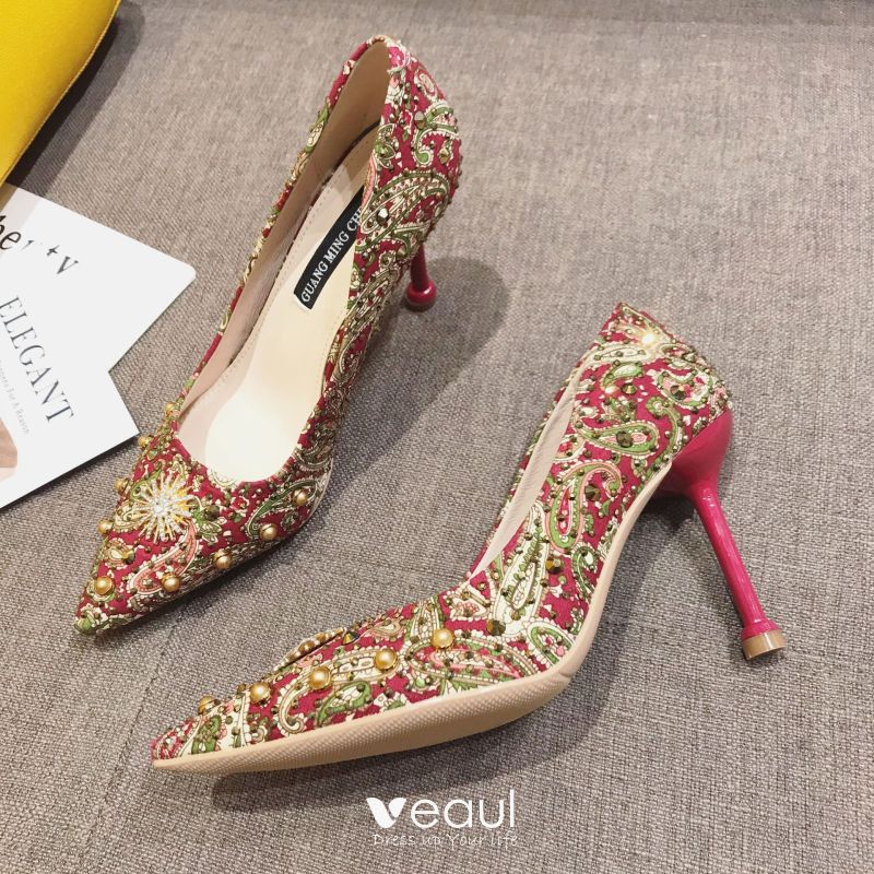 Traditional Fancy Red Evening Party Pumps 2020 Rivet Rhinestone 9 cm ...