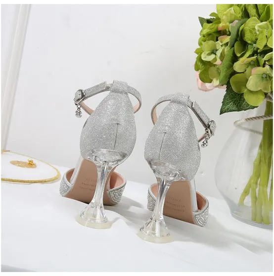 Sparkly Silver Glitter Wedding Shoes 2020 Ankle Strap Rhinestone ...