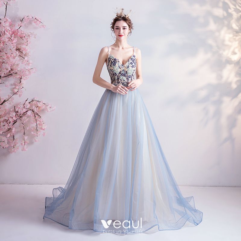 Charming Sky Blue Prom Dresses 2020 A-Line / Princess Spaghetti Straps ...