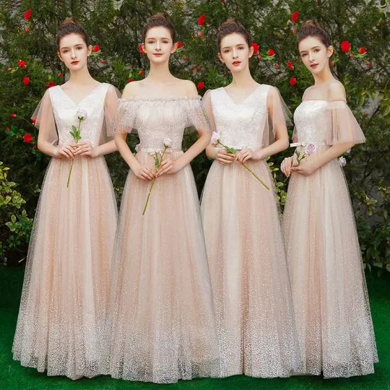 Elegant Champagne Bridesmaid Dresses 2019 A-Line / Princess Spotted ...