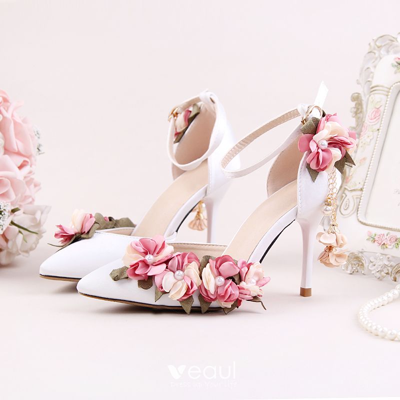 Chic Beautiful White Outdoor Garden Pearl Flower Womens Shoes 2021 Ankle  Strap 9 cm Toe