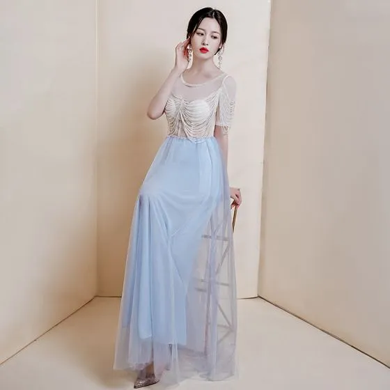 Illusion Sky Blue See-through Prom Dresses 2020 A-Line / Princess Scoop ...