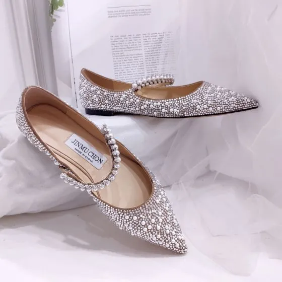 Charming Champagne Silver Flat Pearl Wedding Shoes 2020 Rhinestone ...