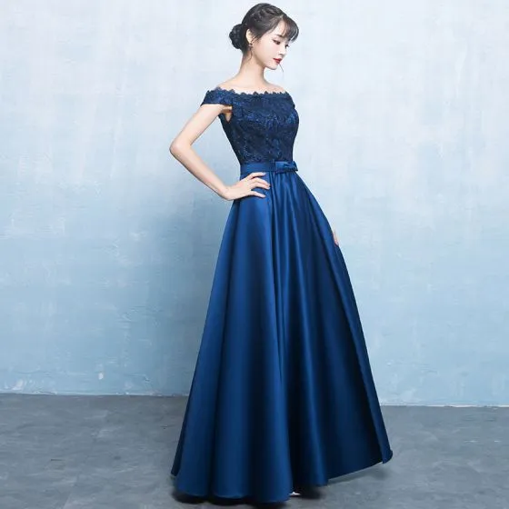 Elegant Navy Blue Satin Bridesmaid Dresses 2019 A-Line / Princess Off ...