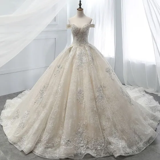 Luxury / Gorgeous Champagne Wedding Dresses 2018 Ball Gown Beading Lace ...
