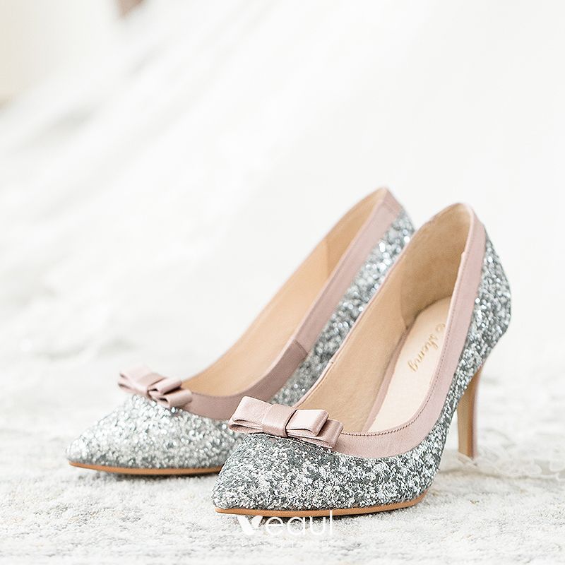 Sparkly Silver Glitter Wedding Shoes 2020 Leather Rhinestone Sequins Bow 8  cm Stiletto Heels Pointed Toe Wedding Pumps